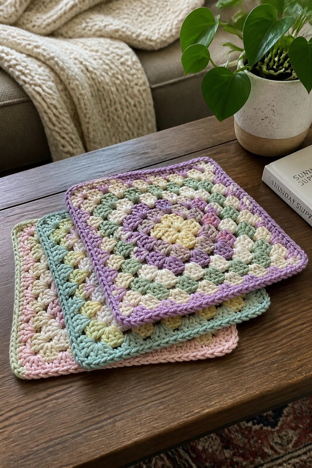 Pastel crocheted granny square coasters stacked on wooden table with plant nearby.