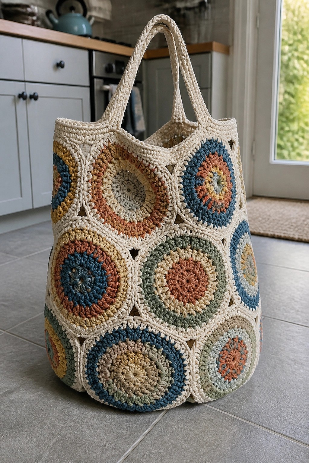 Crocheted tote bag with multicolored circular patterns on kitchen floor