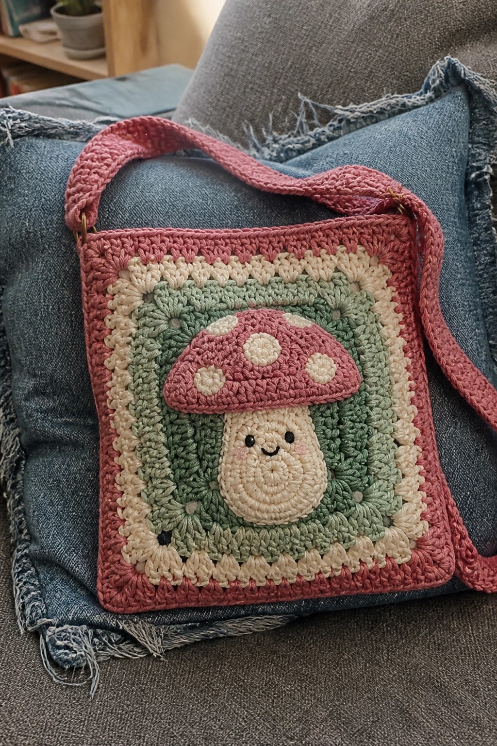 Pink crocheted square bag with smiling mushroom on layered green and beige, atop denim.