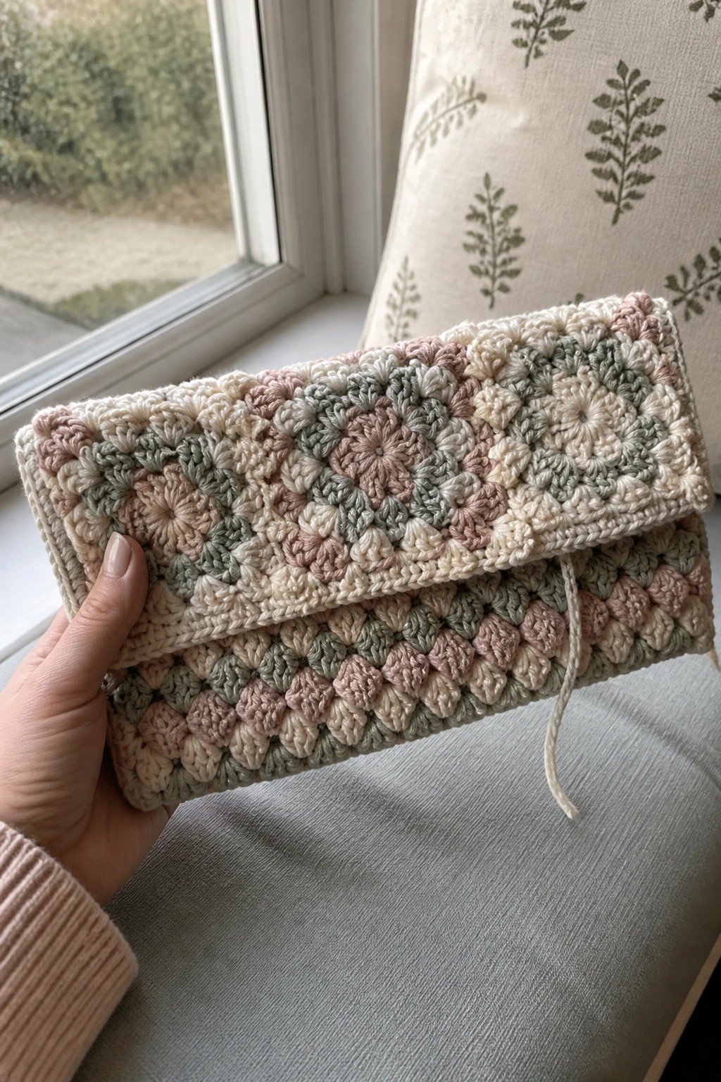 Hand holding pastel granny square crocheted clutch purse with tie closure near window