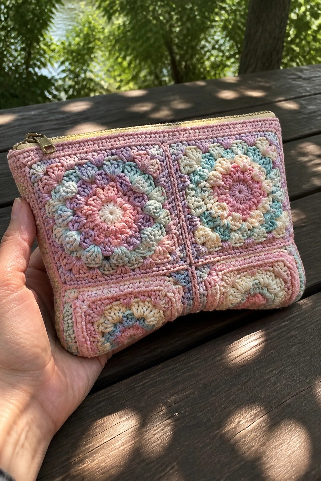 Hand holding pastel crocheted zip pouch with multicolored granny squares outdoors