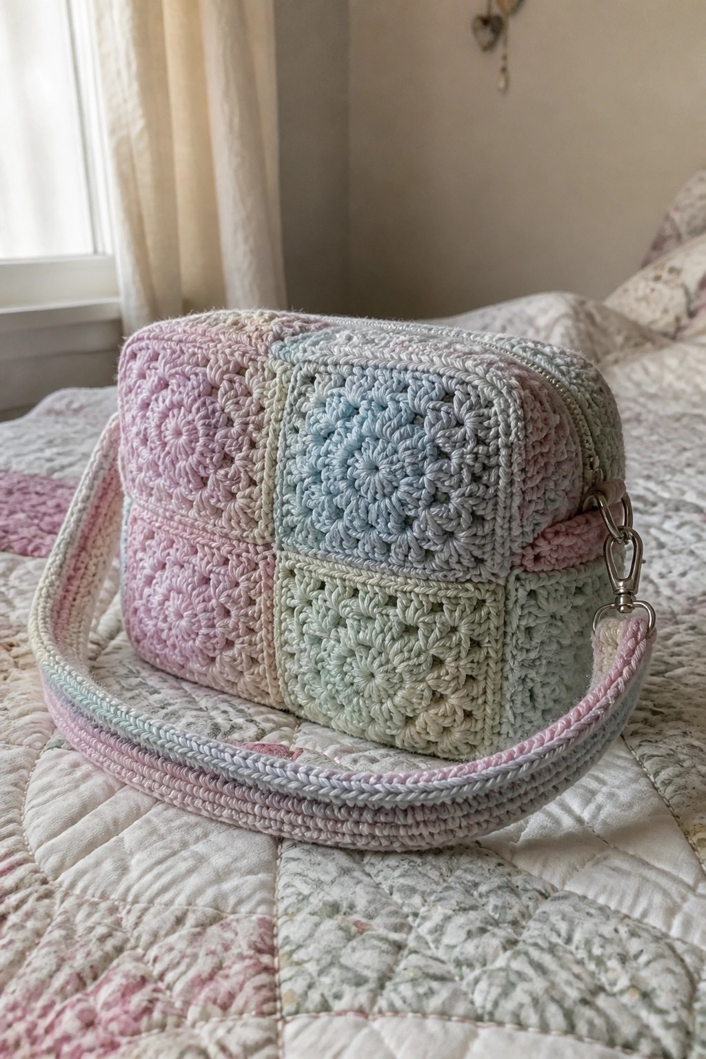 Pastel crocheted granny square purse with zipper and strap on quilted bed.