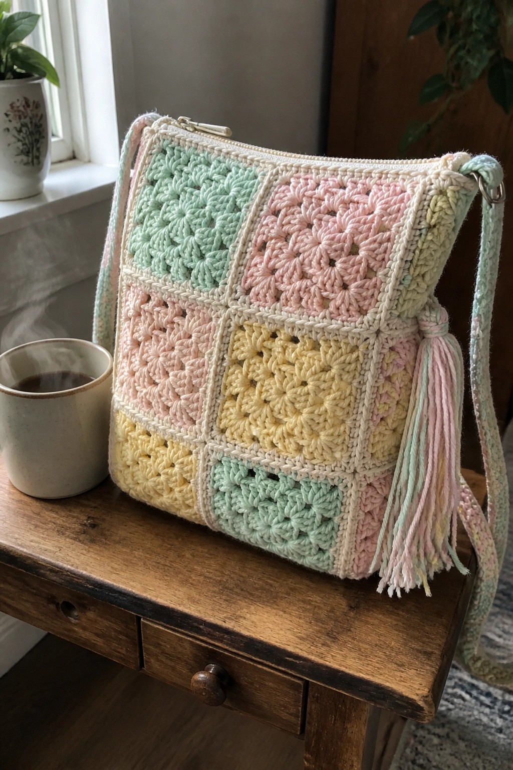 Pastel crocheted granny square bag with tassel beside steaming mug on wooden table.