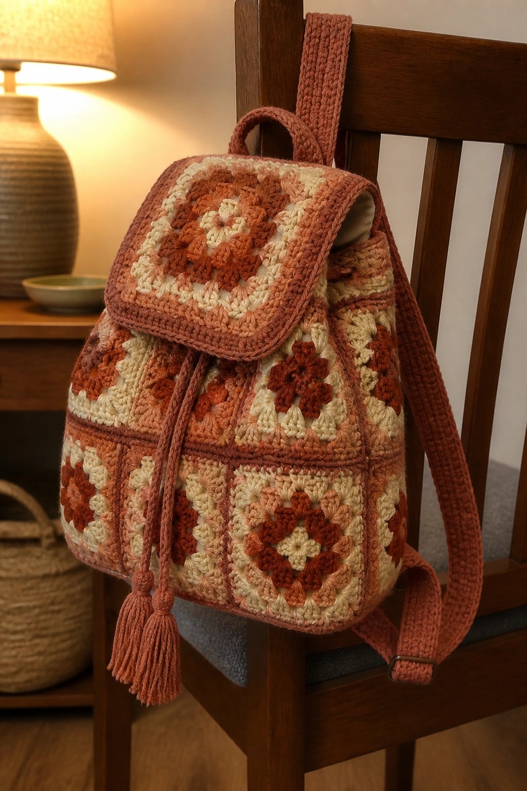 Terracotta crocheted granny square backpack with tassels on wooden chair