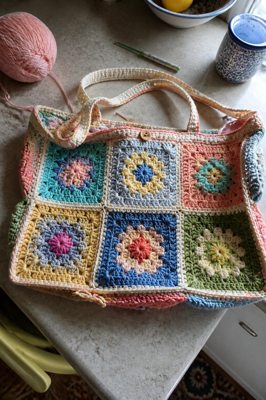 Colorful crocheted granny square tote bag on kitchen counter with yarn and hook