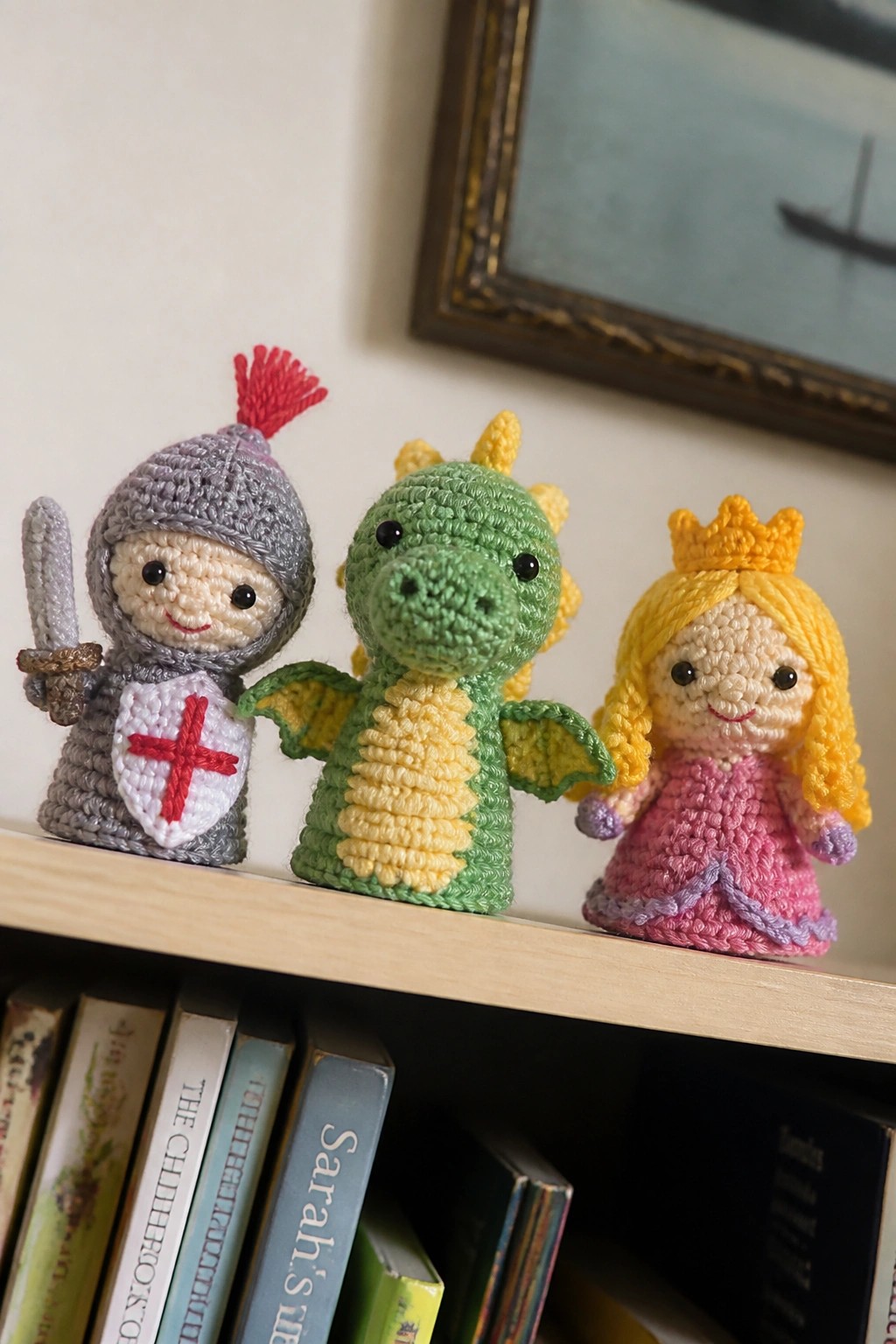 Crocheted knight in armor, green dragon, and princess with crown on bookshelf