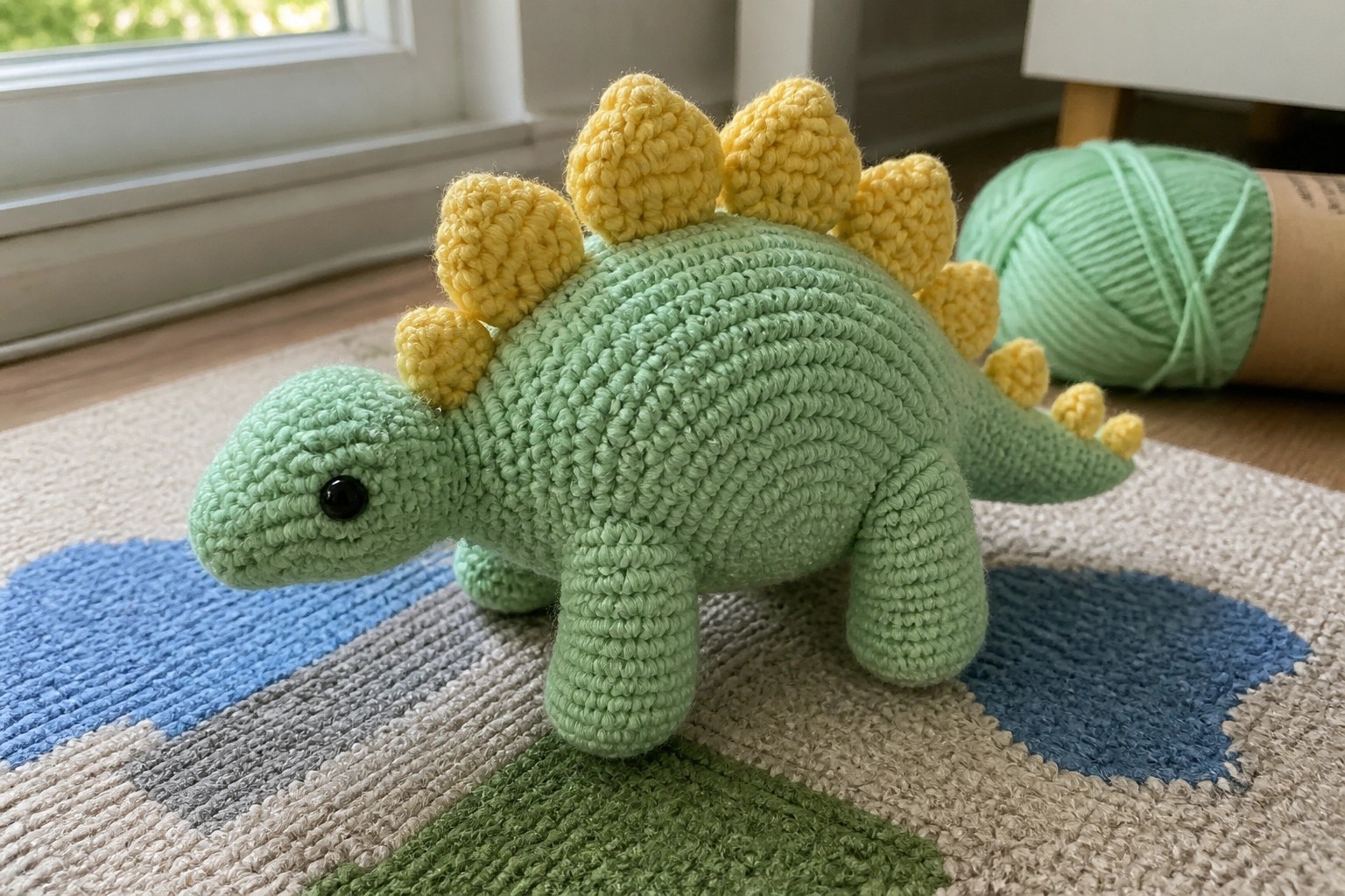 Mint green crocheted stegosaurus toy with yellow spikes on patterned rug