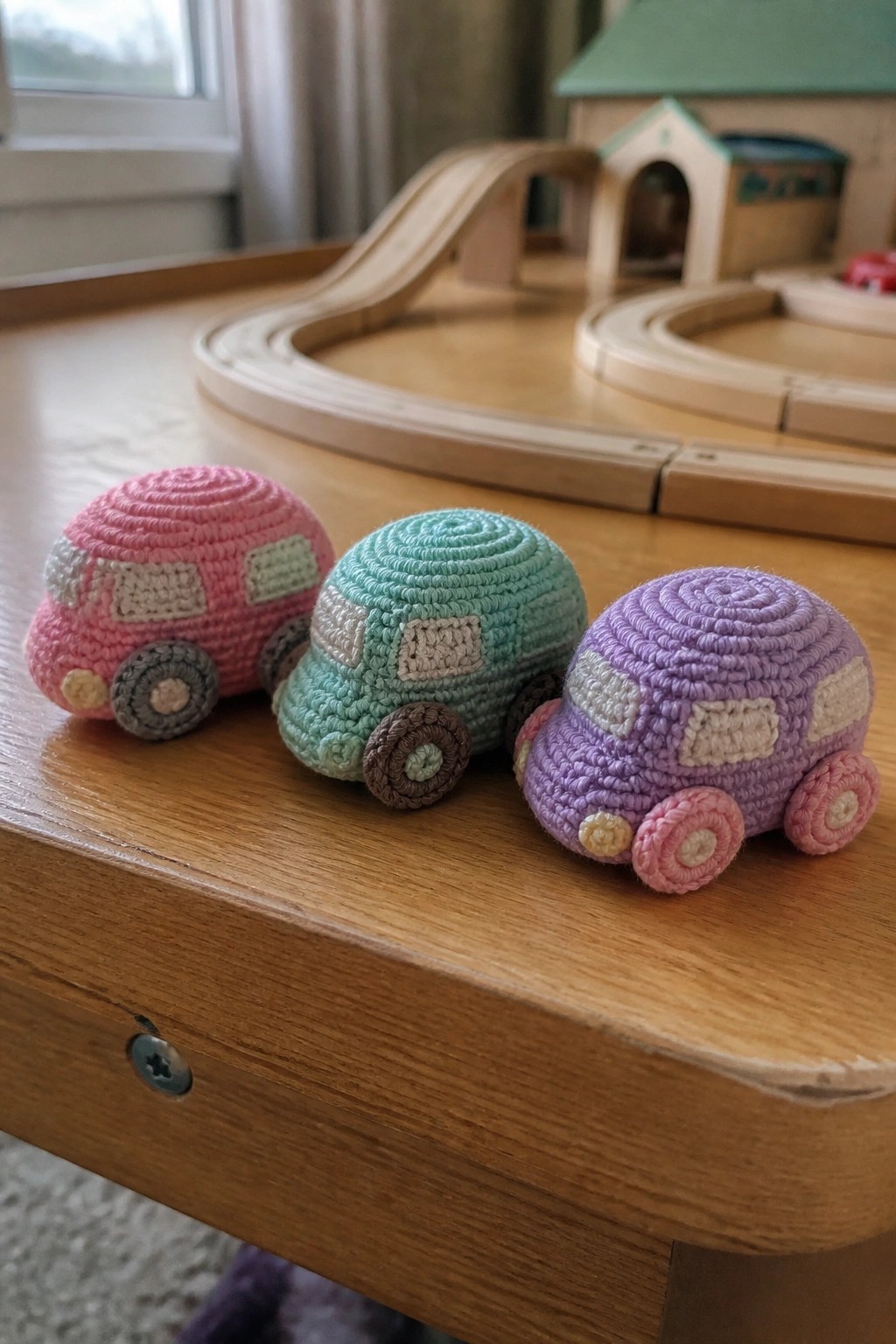 Three crocheted toy vans in pink, mint, and purple on wooden table with train set