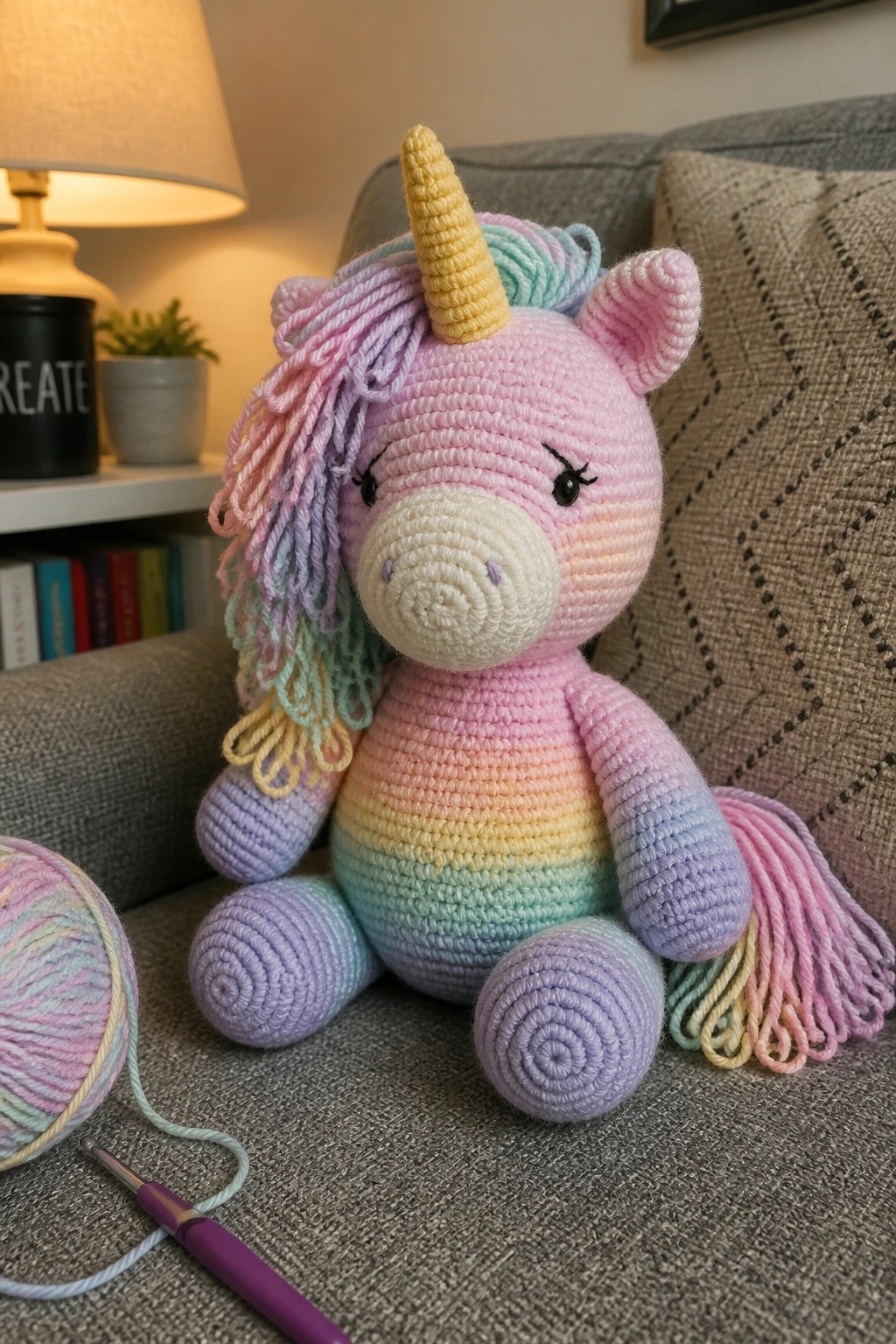 A crocheted pink and rainbow unicorn plush toy sits on a gray couch next to a ball of multicolored yarn and a purple crochet hook.
