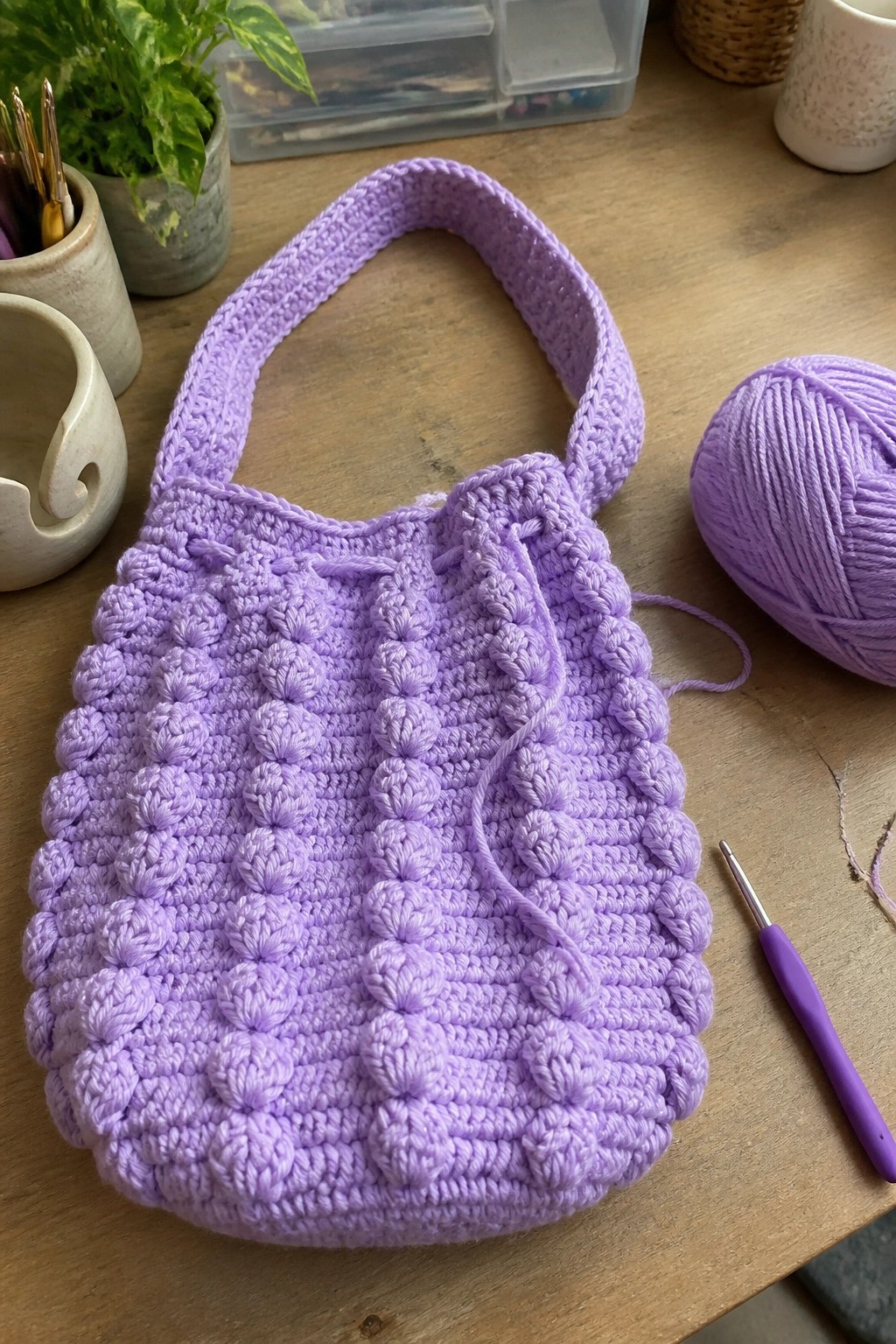 Purple crocheted bobble bag with handle beside yarn ball and hook on wooden table