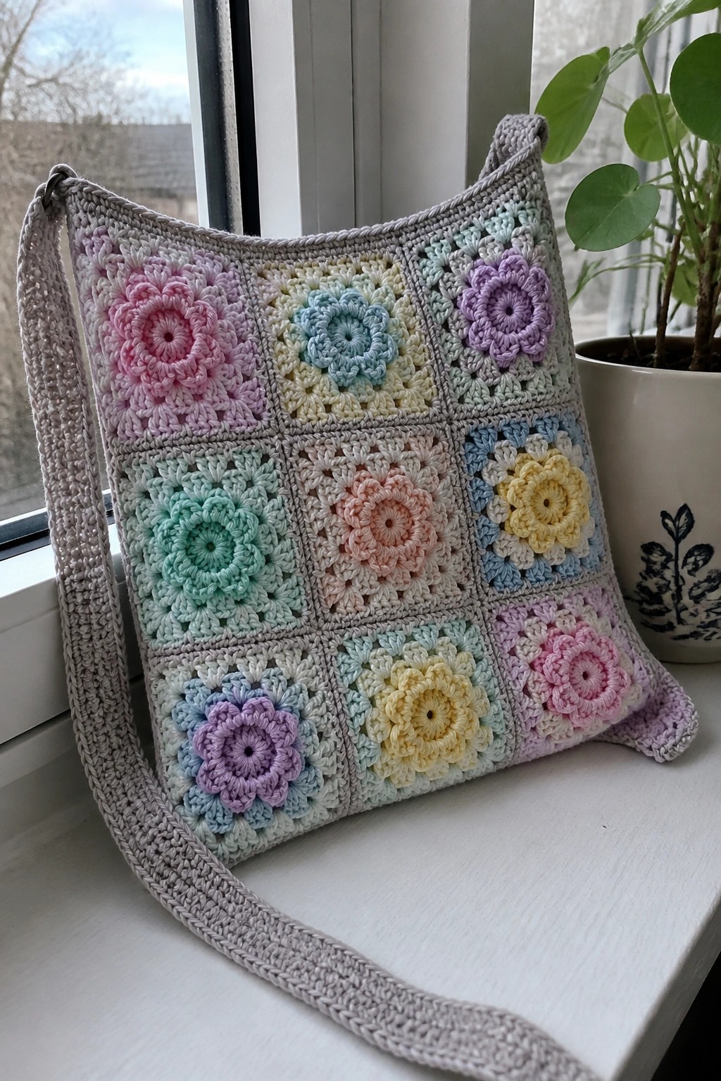 Pastel crocheted granny square bag with strap on windowsill by potted plant