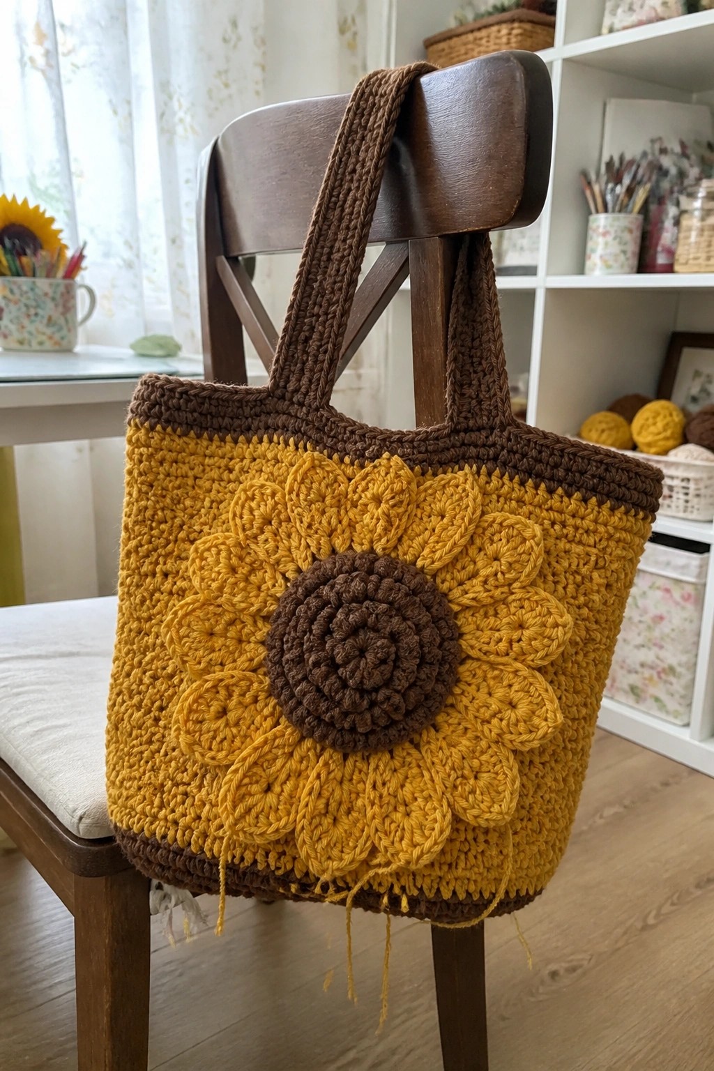 Yellow crocheted sunflower tote bag with brown trim on wooden chair