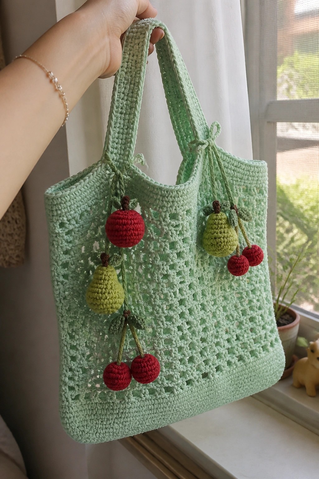 Hand holding mint green crocheted tote bag with colorful fruit charms by window.