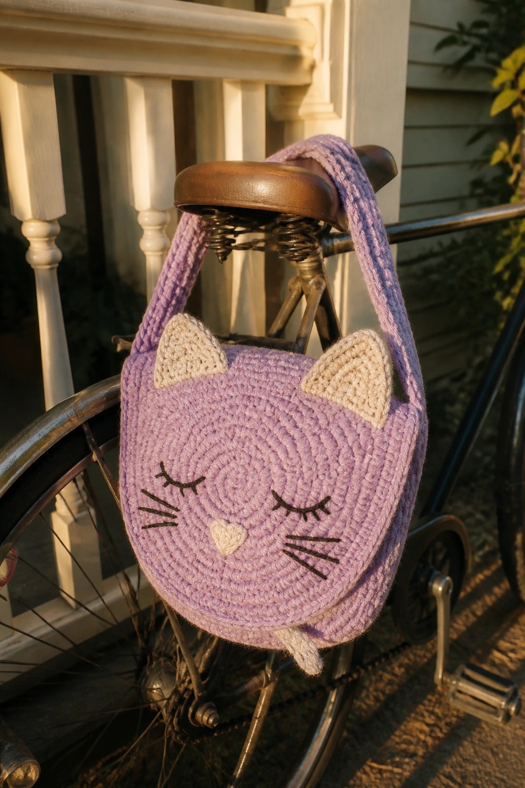 Purple crocheted cat bag with ears and tail on bicycle seat.