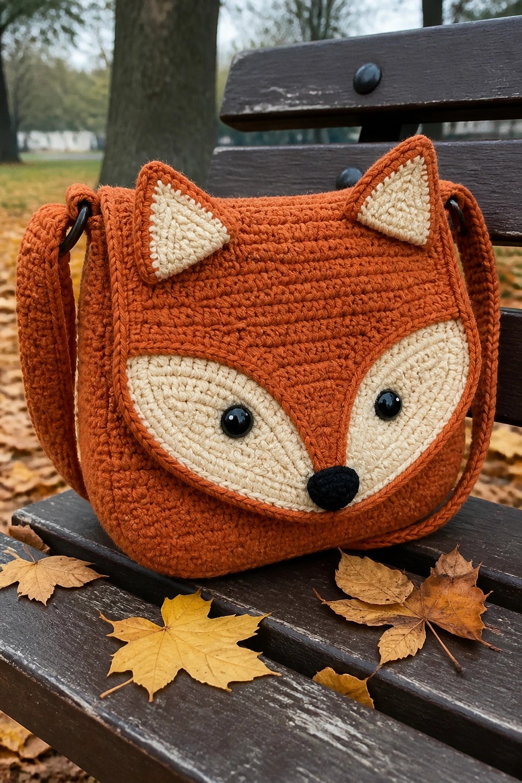A crocheted fox-faced messenger bag with orange yarn, cream muzzle and ears, black nose and eyes, sitting on a wooden bench with autumn leaves.