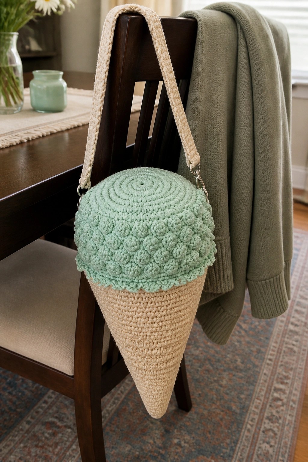 Mint green crocheted ice cream cone bag on wooden chair with green sweater.