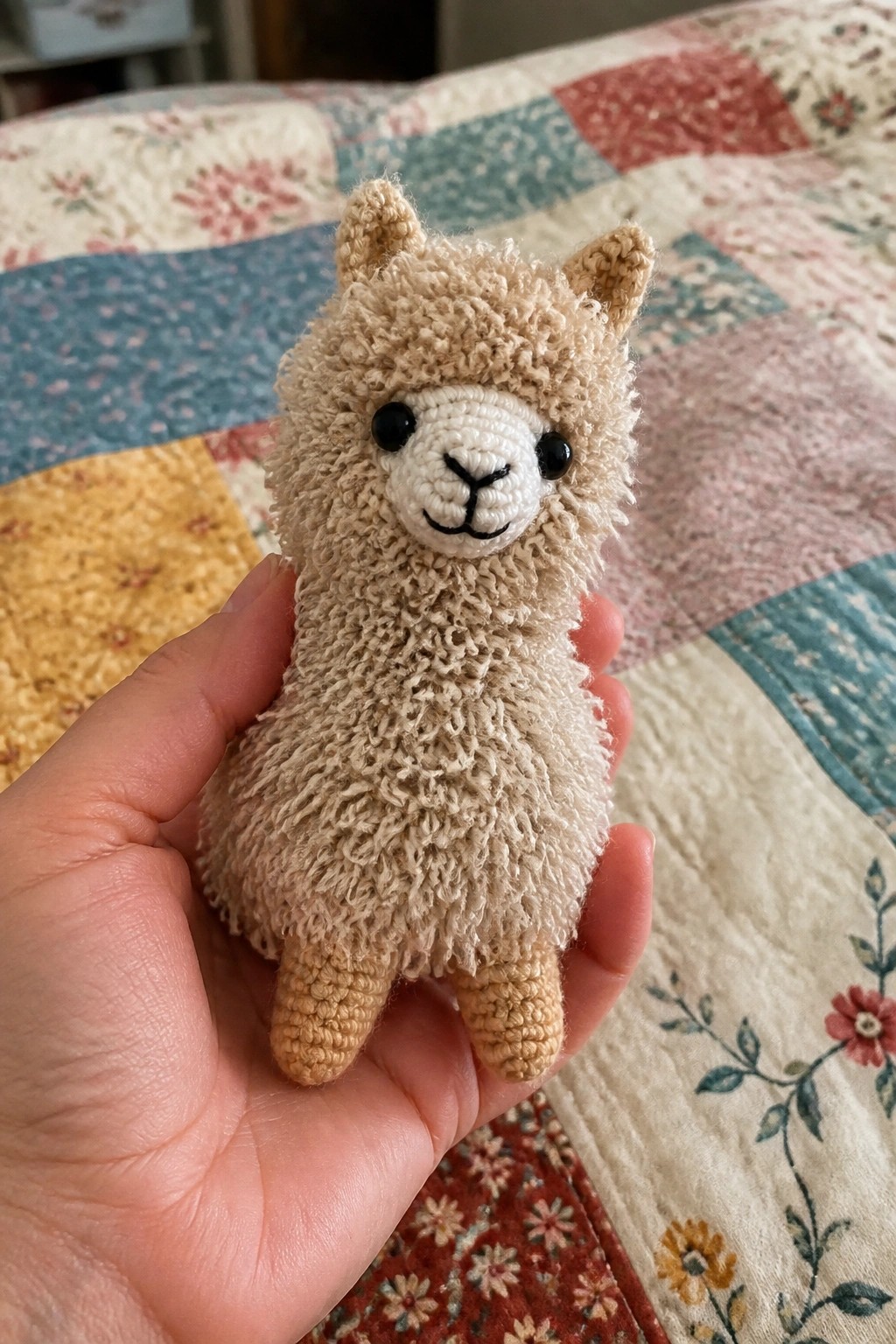 Hand holding small beige fuzzy crocheted llama toy over colorful patchwork quilt.