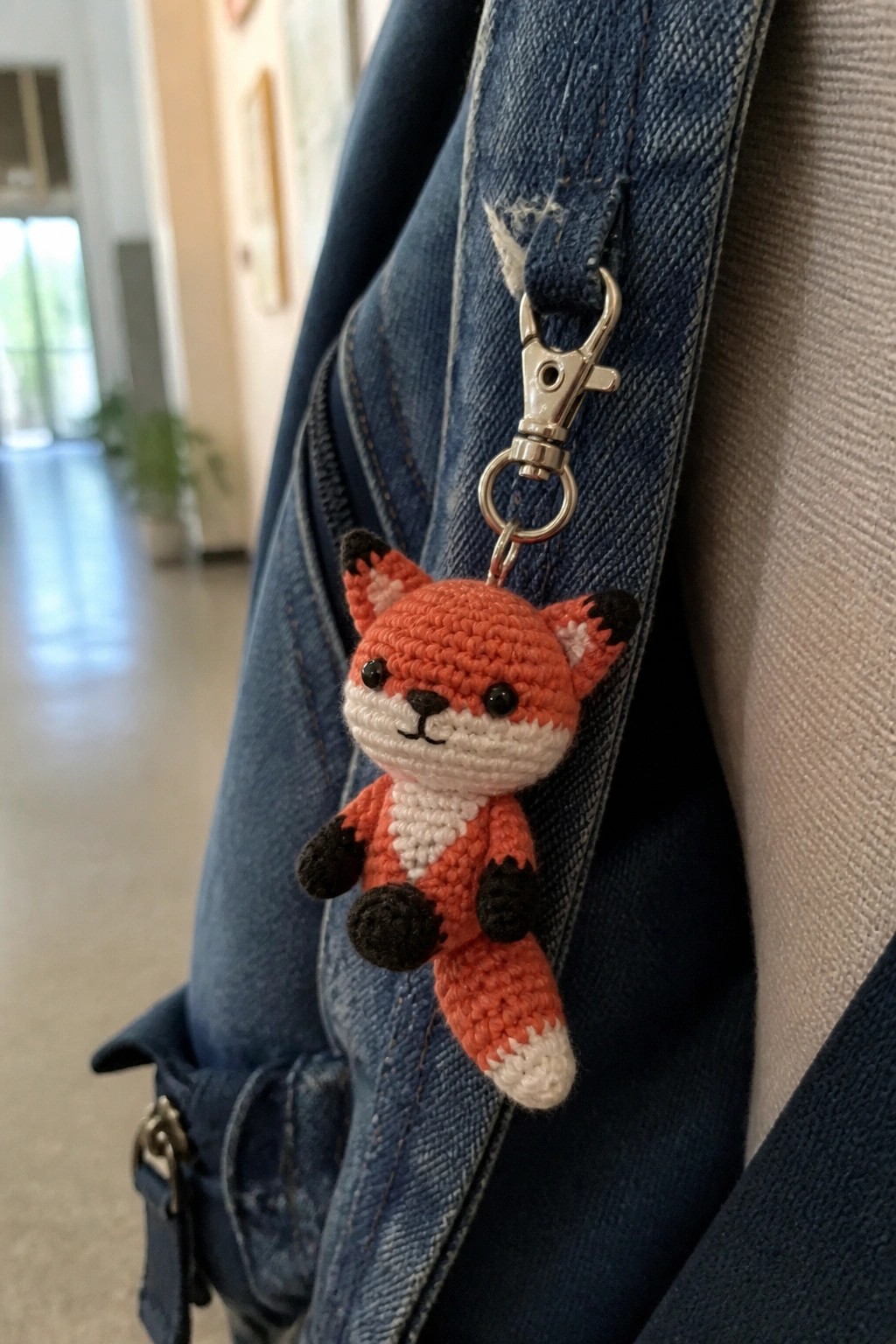 Crocheted orange fox keychain with black paws clipped to blue denim backpack strap