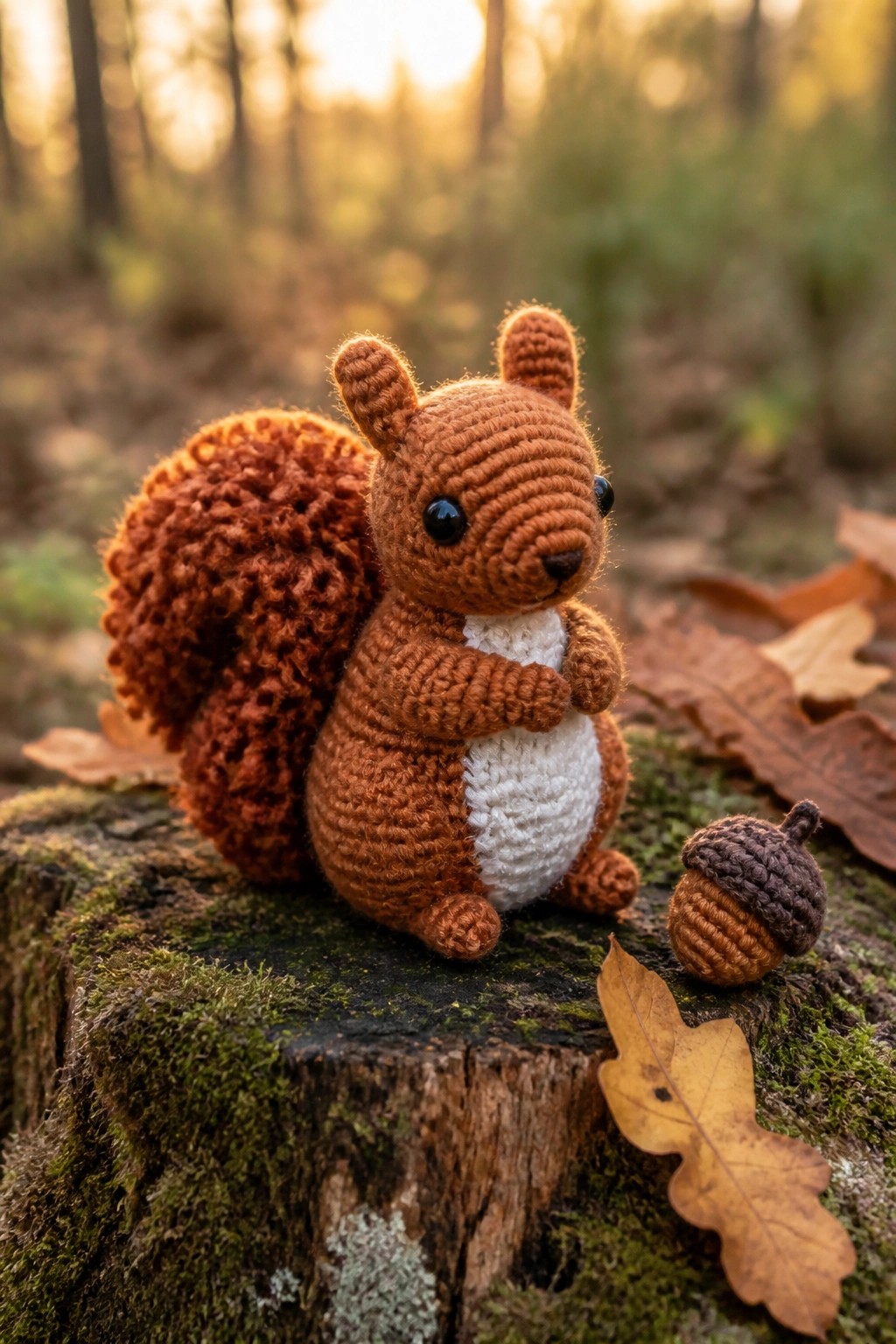 Crocheted brown squirrel with white belly on mossy stump beside acorn and leaves