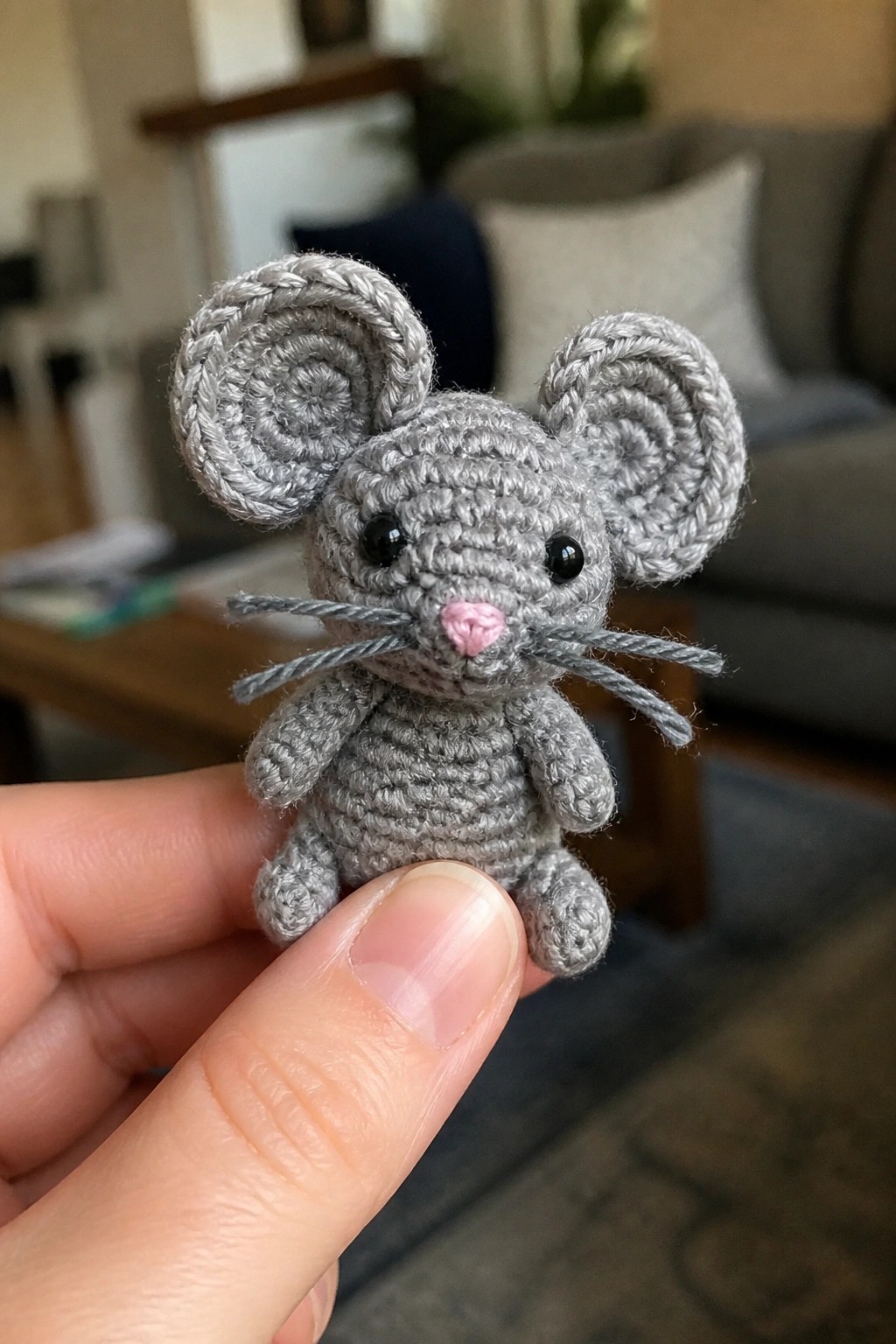 Small gray crocheted mouse with spiral ears held on fingertips
