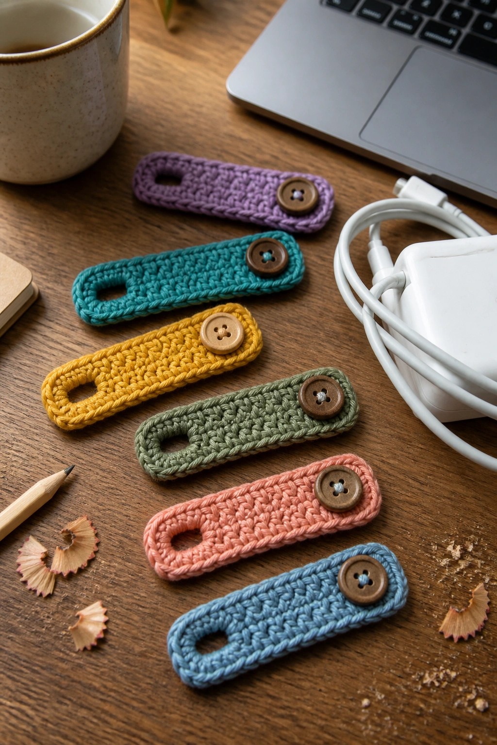 Colorful crocheted cable organizers with buttons on wooden desk beside laptop and mug