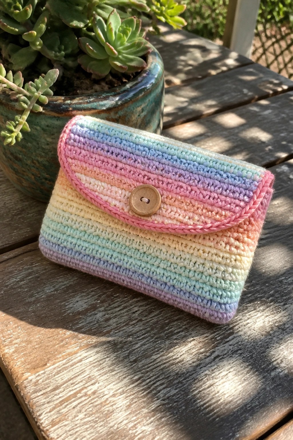Pastel rainbow crocheted pouch with button on wooden table beside succulent plant