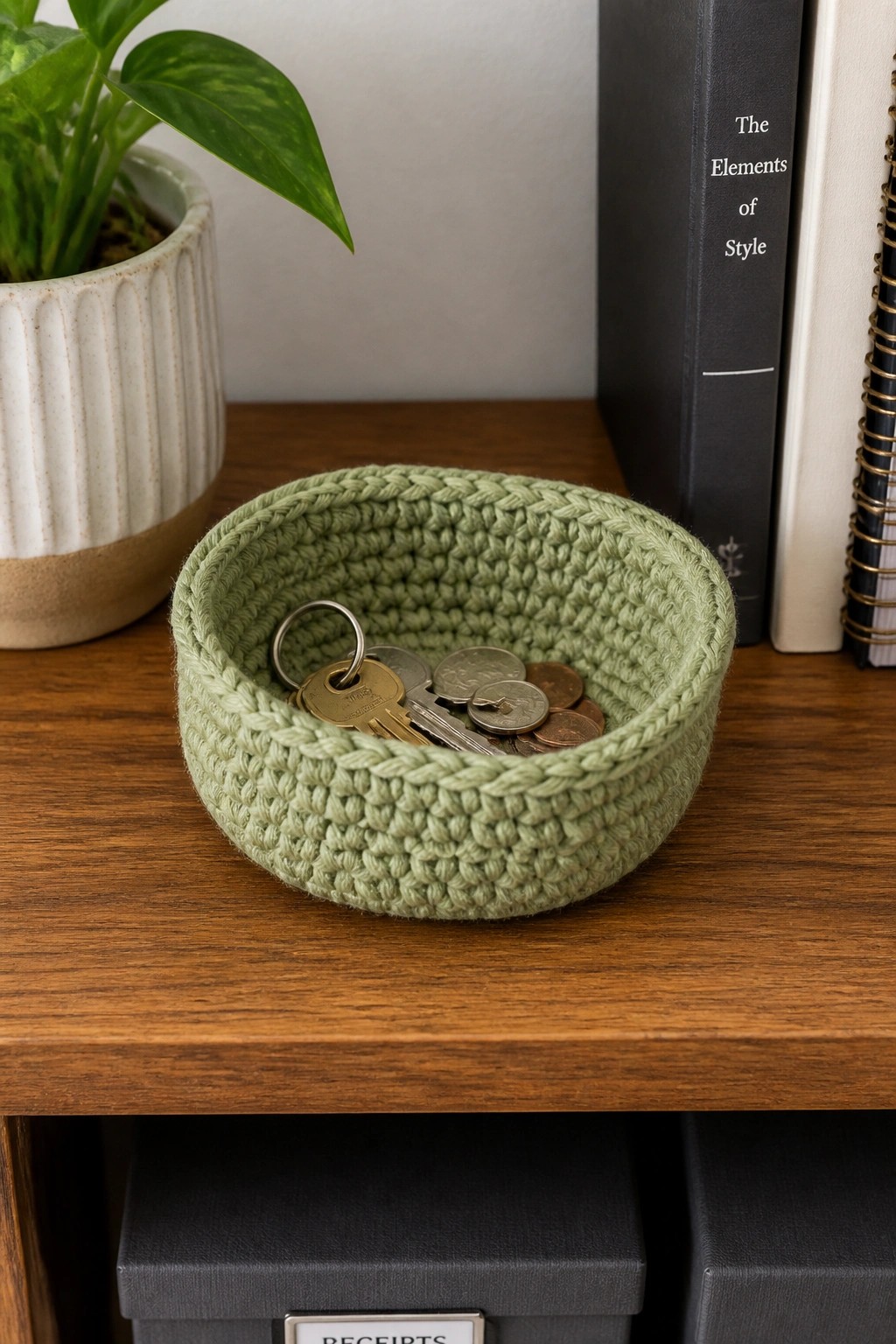 Crocheted sage green bowl holding keys and coins on wooden shelf with books and plant