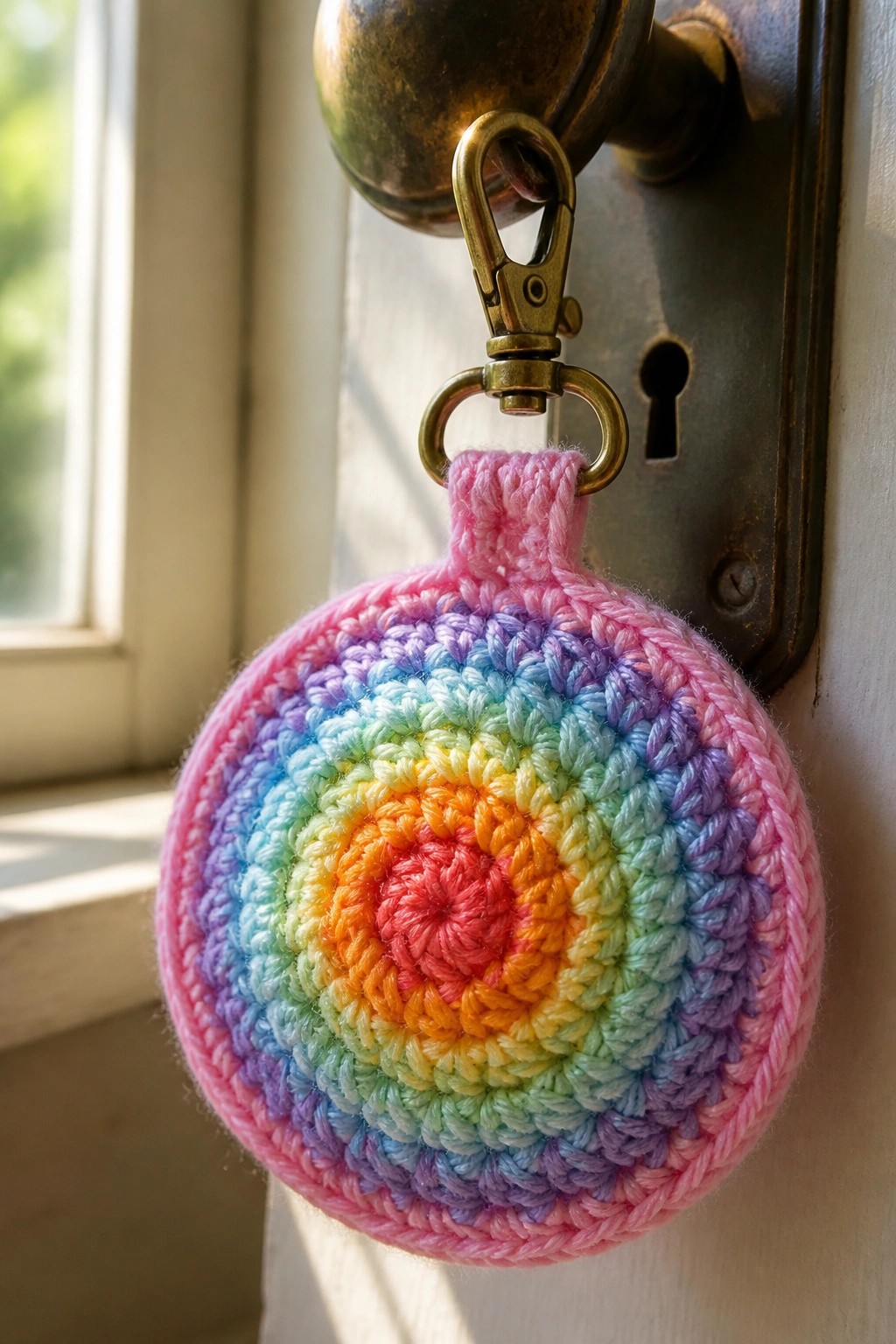 Rainbow crocheted keychain with pink border hangs from brass doorknob.
