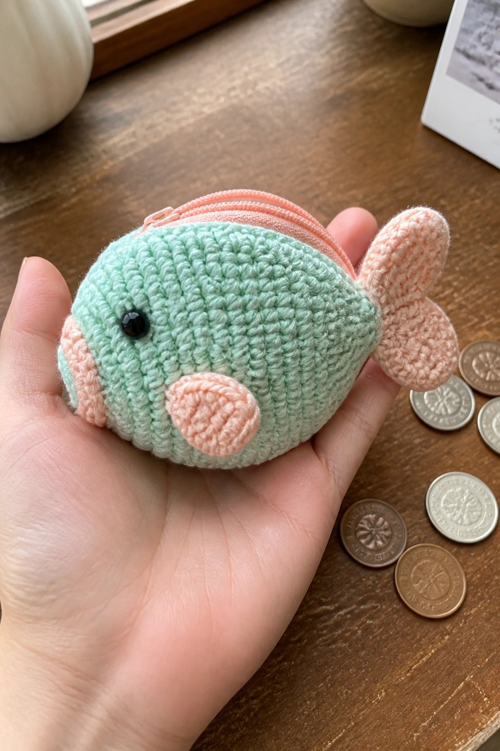 Hand holding mint green crocheted fish coin purse with pink fins near scattered coins.
