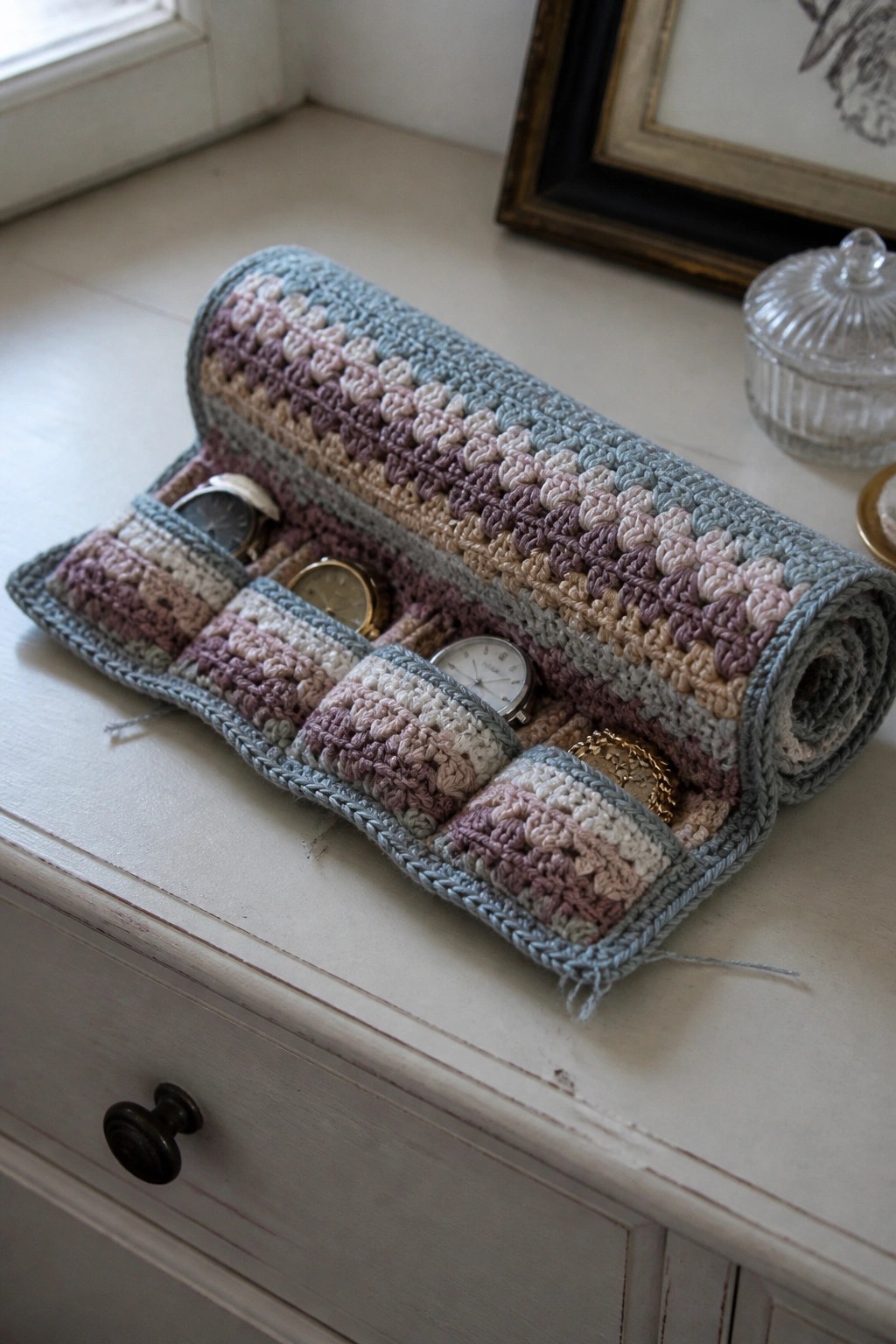 Open crocheted pastel roll holding watches and jewelry on white dresser