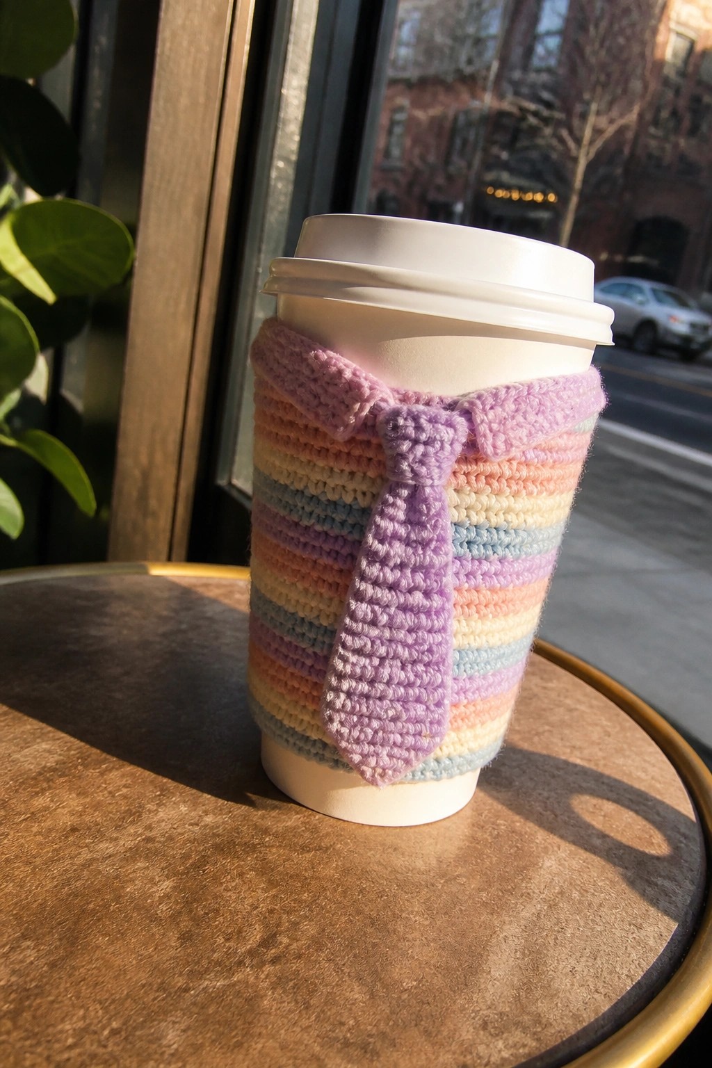 Rainbow crocheted cozy with purple tie on paper coffee cup by window.