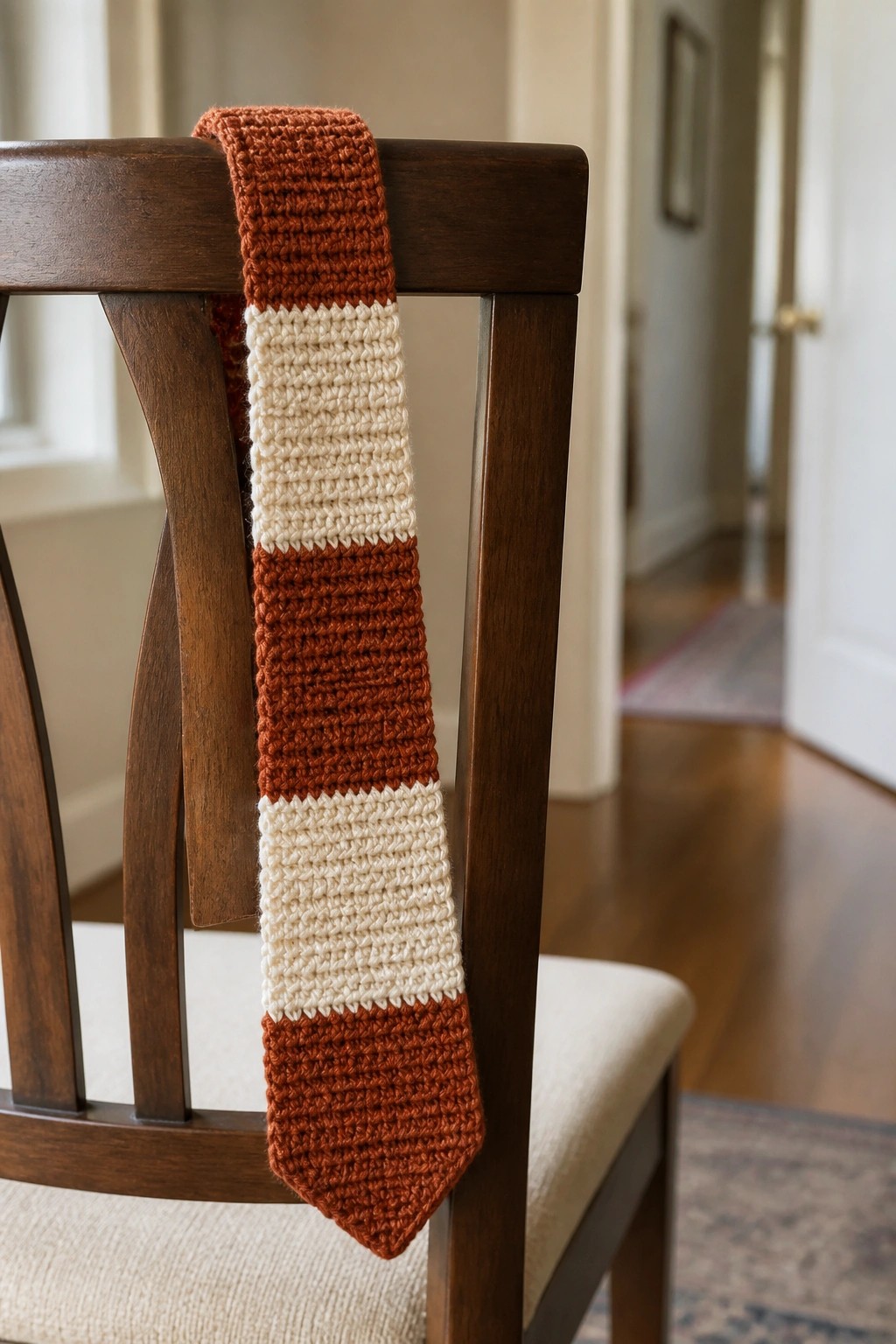 Crocheted tie with rust and cream stripes draped over wooden chair back.