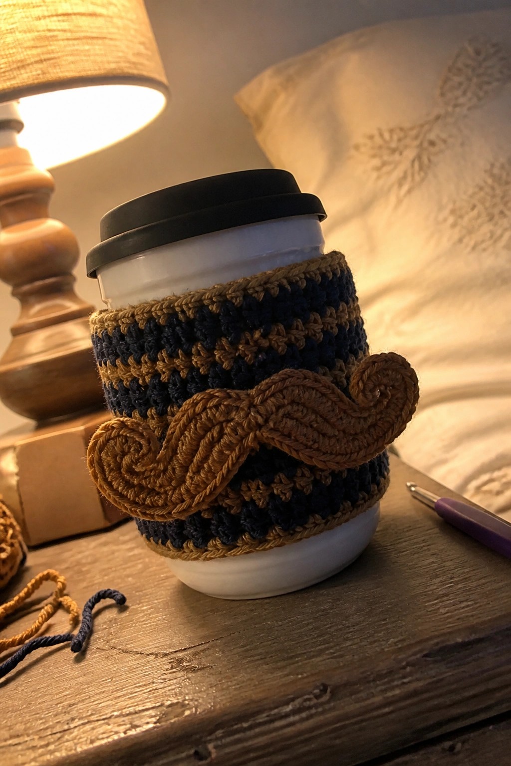 Crocheted navy and brown striped cozy with mustache on white travel mug by lamp