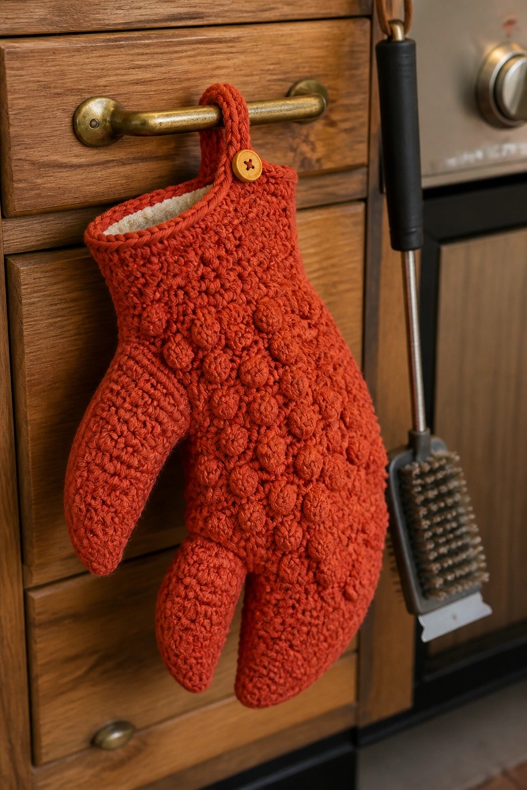 Red crocheted oven mitt hangs from brass handle on wooden drawer beside grill brush