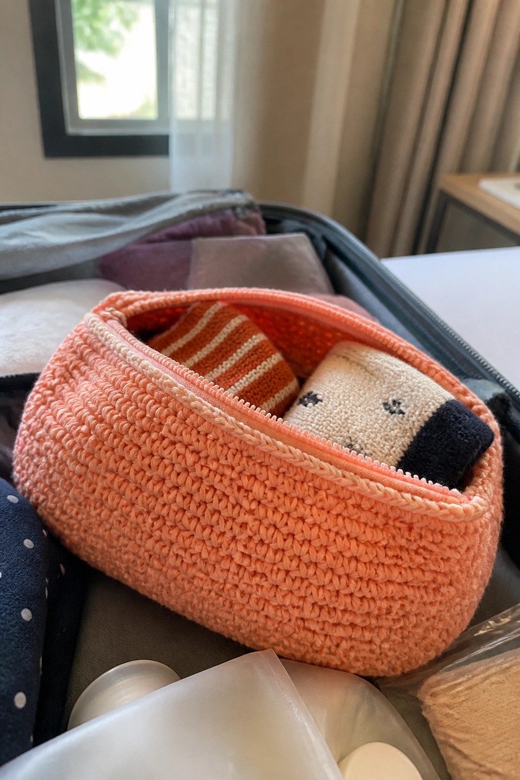 Peach crocheted pouch holding patterned socks inside an open suitcase