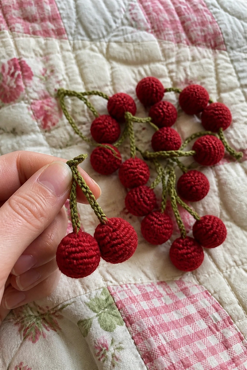 Hand holds two crocheted red cherries with green stems near matching cluster on quilt