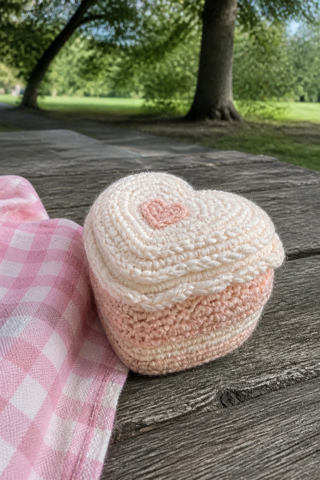 A crocheted heart-shaped box in cream and pink yarn sits on a wooden table next to a pink checkered cloth.