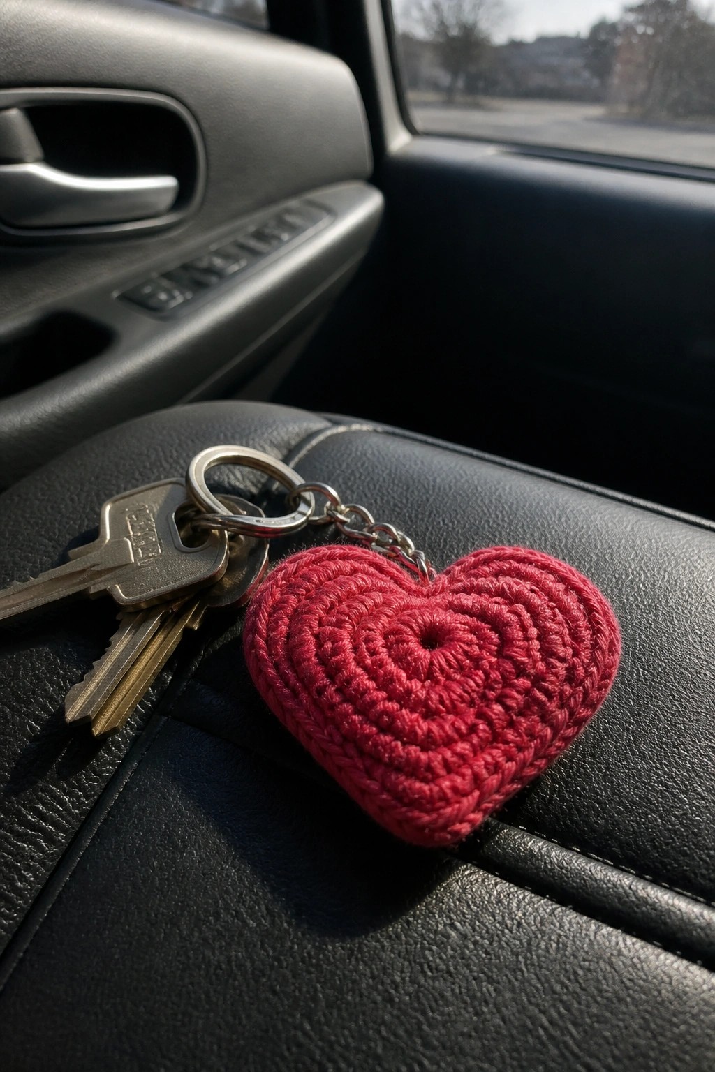 Car keys with red crocheted heart keychain on black leather car seat