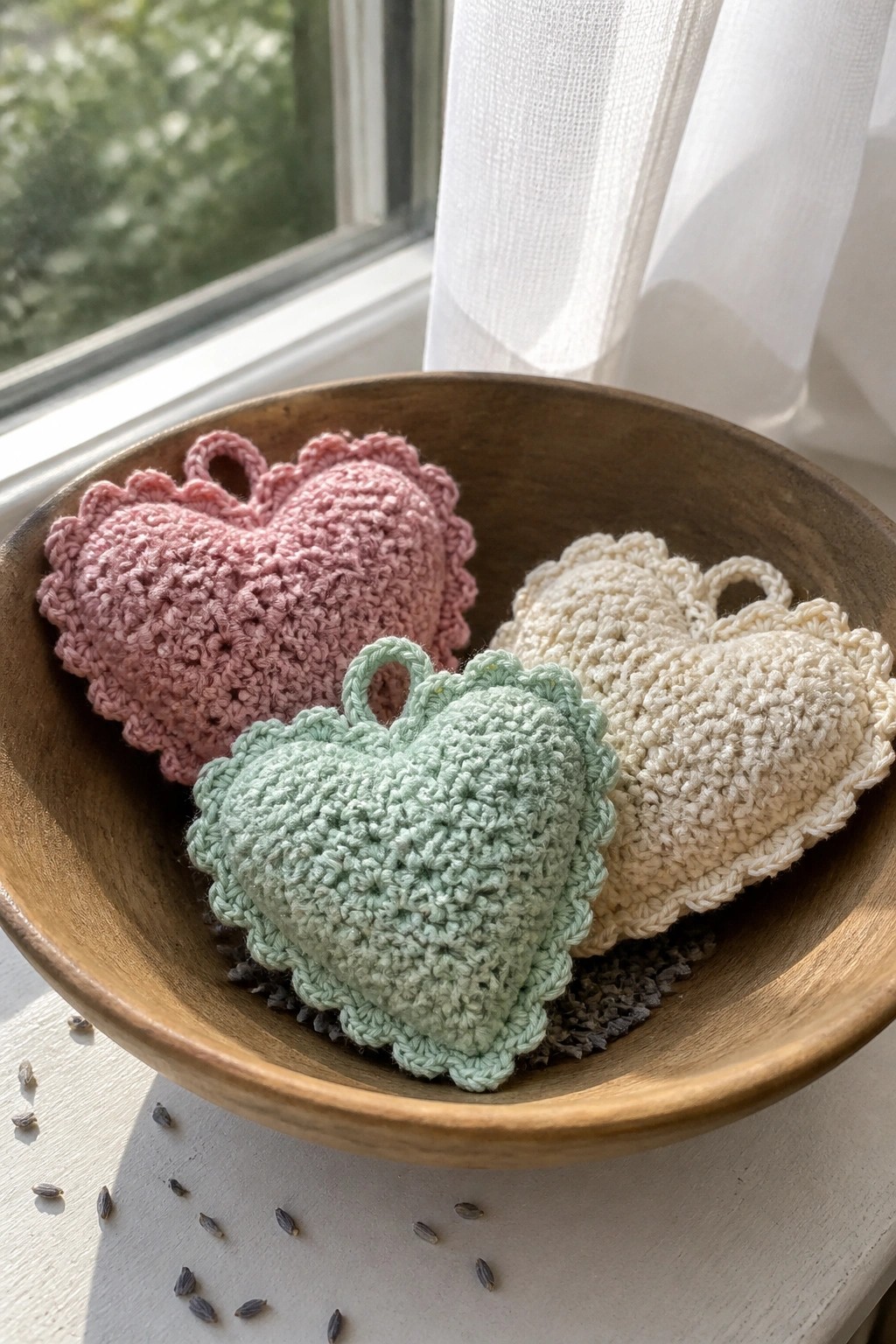 Three crocheted heart shapes in pink, mint green, and cream sit inside a wooden bowl on a windowsill.