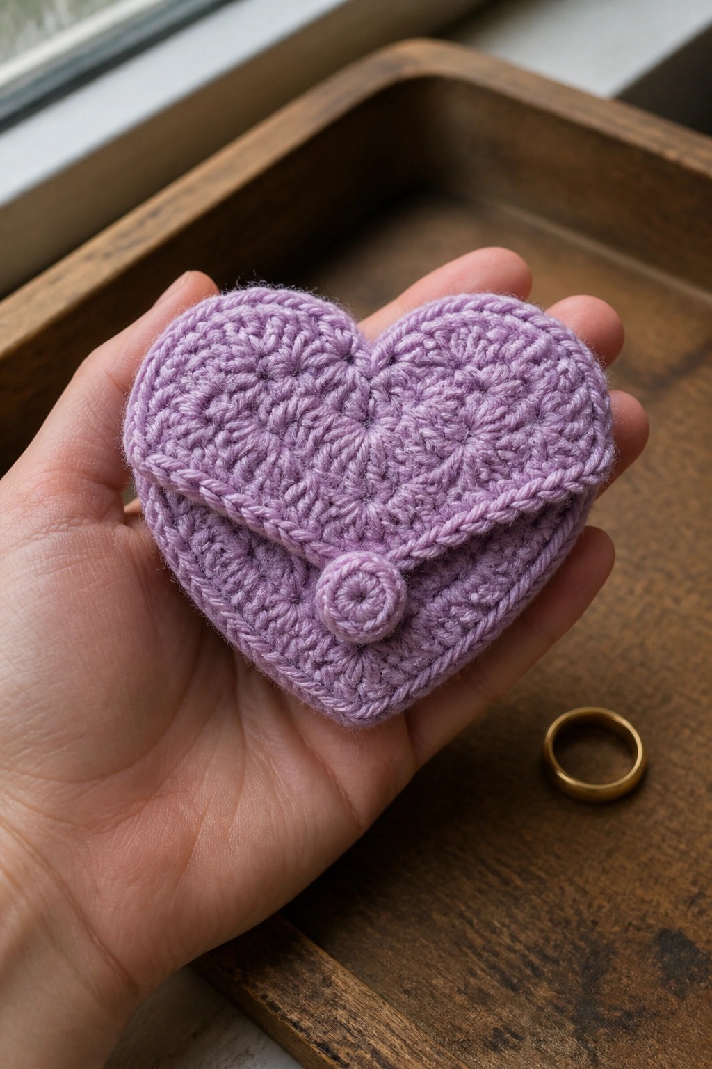 Hand holding lavender crocheted heart-shaped pouch with button on wooden tray