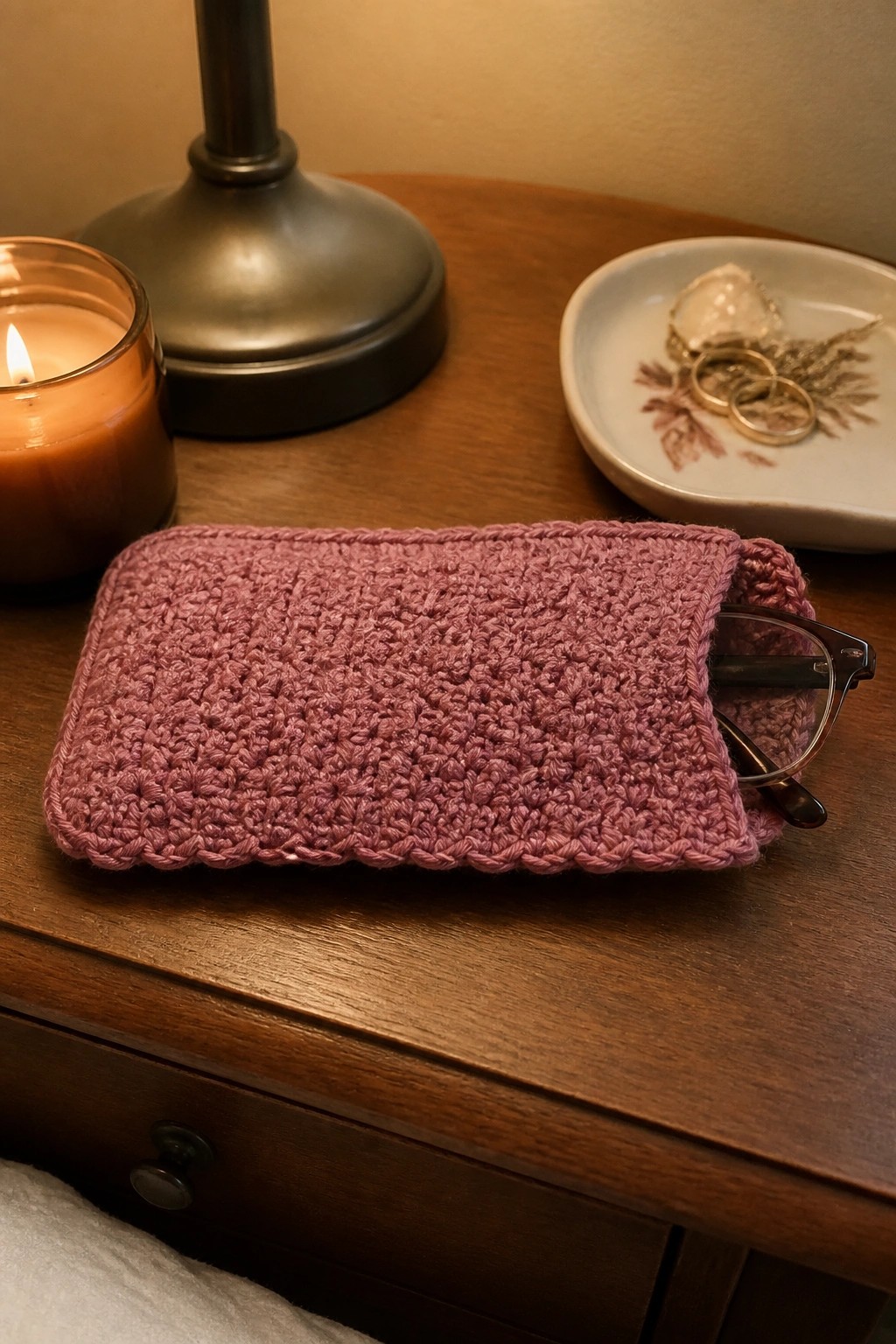 Pink crocheted glasses case with frames on wooden nightstand beside lit candle and jewelry dish