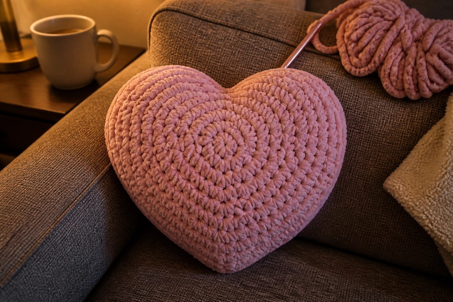 Pink crocheted heart pillow on gray couch beside yarn ball and hook