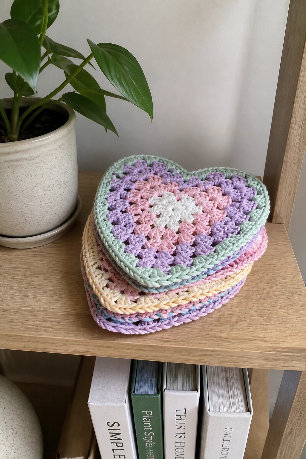 A stack of pastel heart-shaped crocheted pieces resting on a wooden shelf beside books and a potted plant.