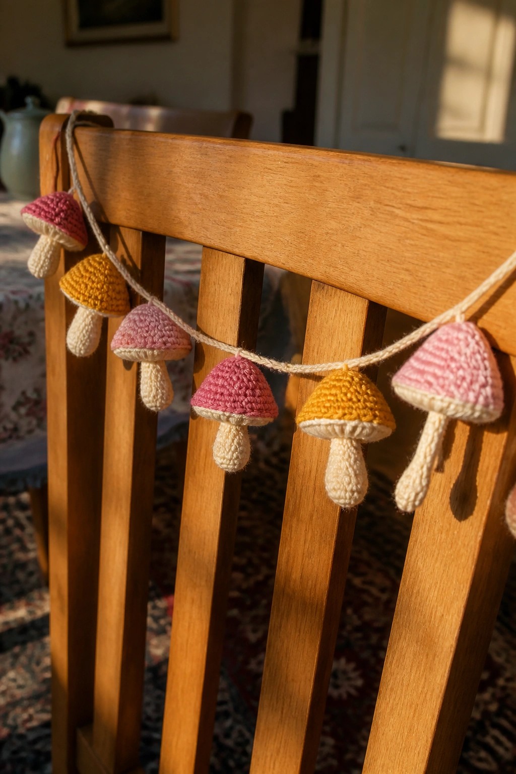 Crocheted pink and yellow mushrooms strung across back of wooden chair in sunlight