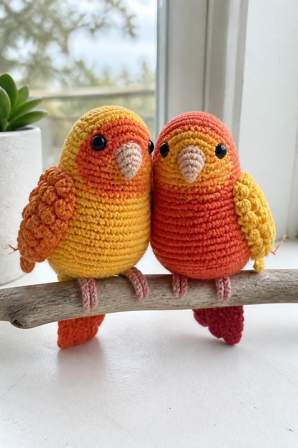 Two colorful crocheted birds in yellow and red perched on a wooden branch
