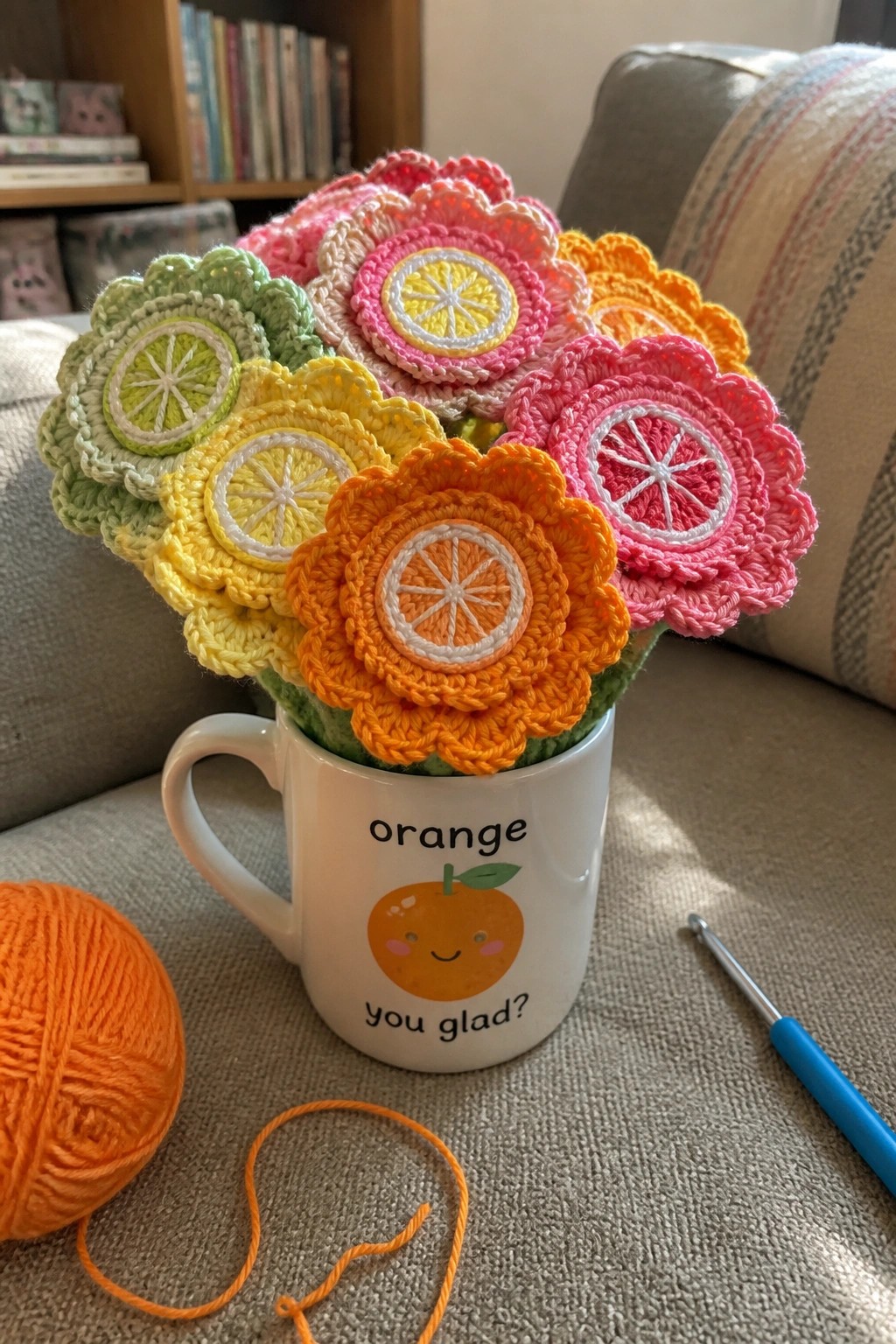 Crocheted citrus slice flowers in a white mug with orange yarn and hook nearby