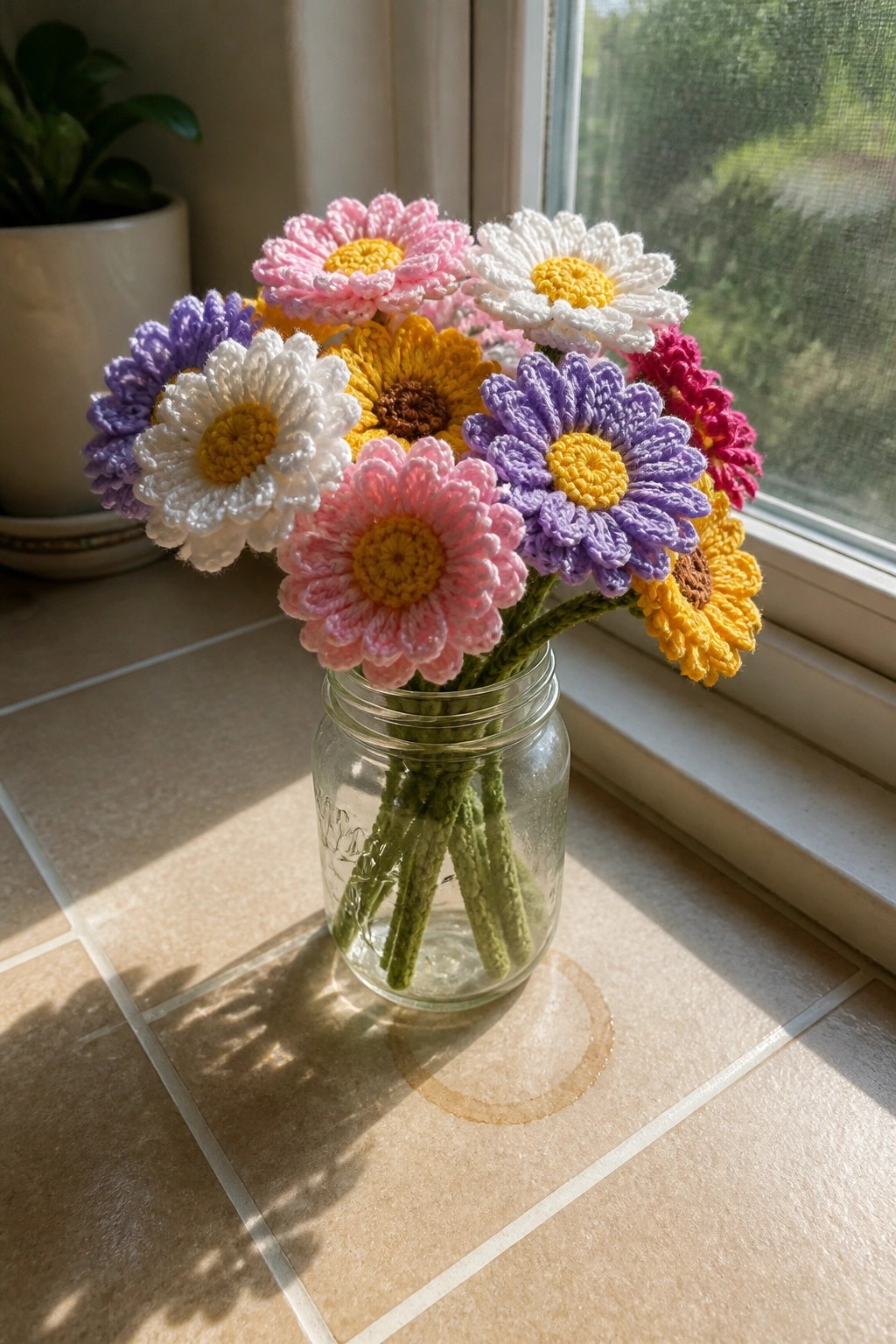 Colorful crocheted daisies in a glass jar on a sunlit windowsill.