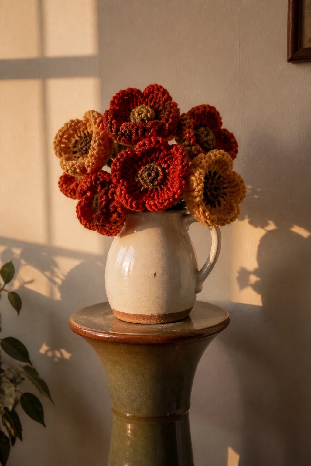 Crocheted red, orange, and yellow flowers in a white pitcher on green pedestal