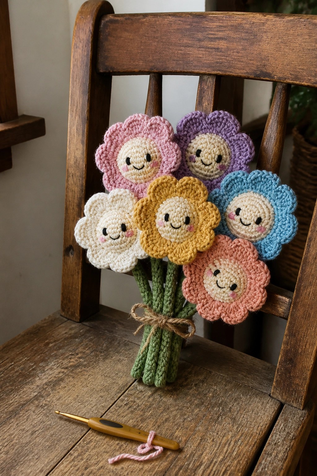 Colorful crocheted flower bouquet with smiling faces on wooden chair beside crochet hook