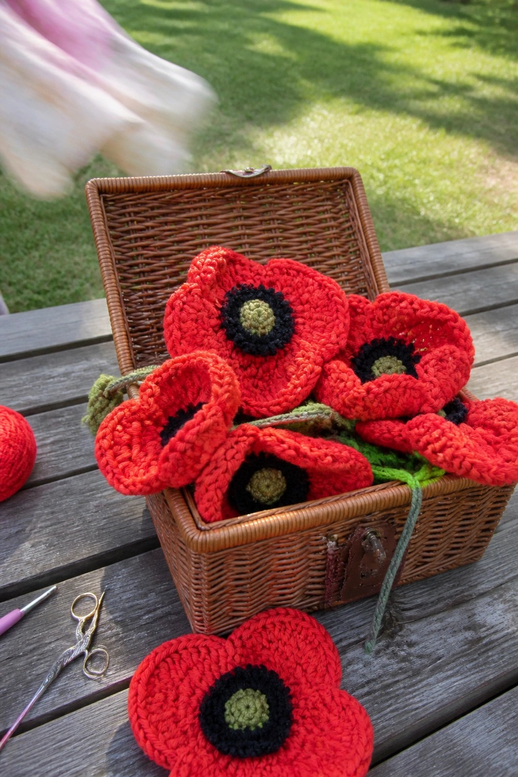 Open wicker basket of crocheted red poppies with yarn and tools on table